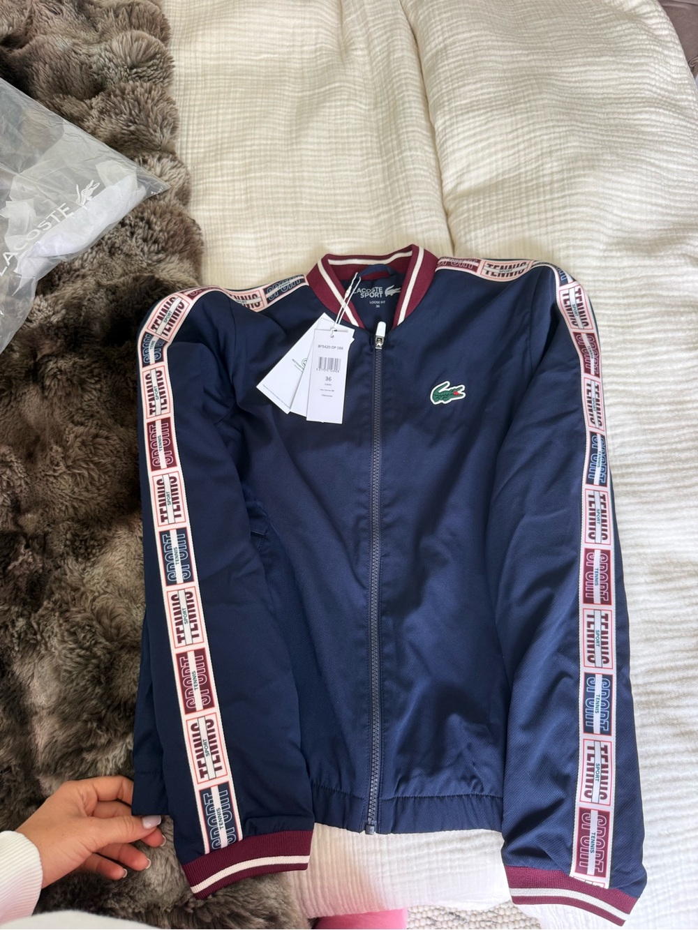 Lacoste Navy Varsity Jacket with Burgundy and White Trim